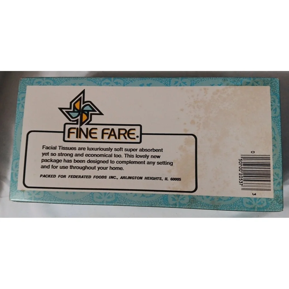 Vtg Fine Fare White Facial Tissues 175 Two Ply Blue Designer Box Nostalgia READ‎